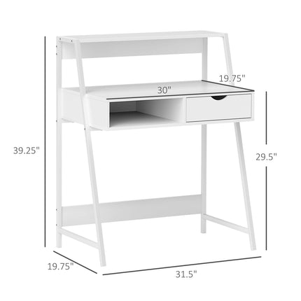 White home office desk with a drawer, storage shelves, and dimensions.