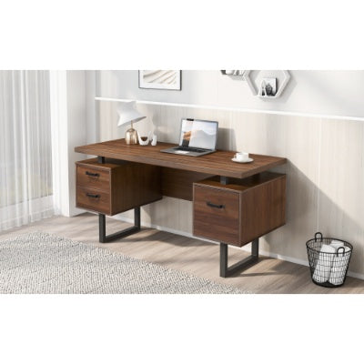 Brown home office computer desk with three drawers and a laptop on top.