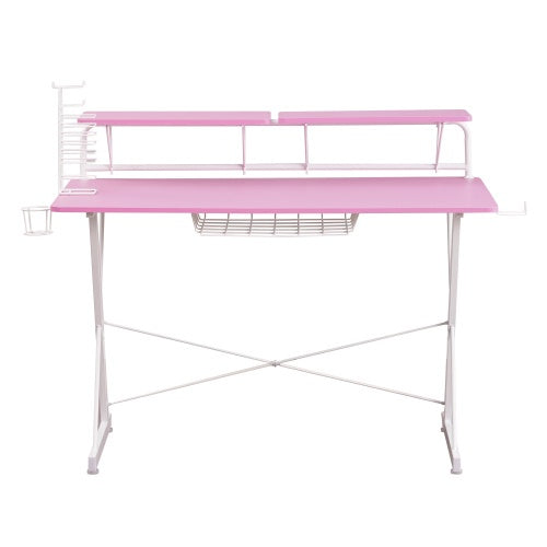 Pink gaming desk with two elevated shelves, a side rack, and a cup holder.