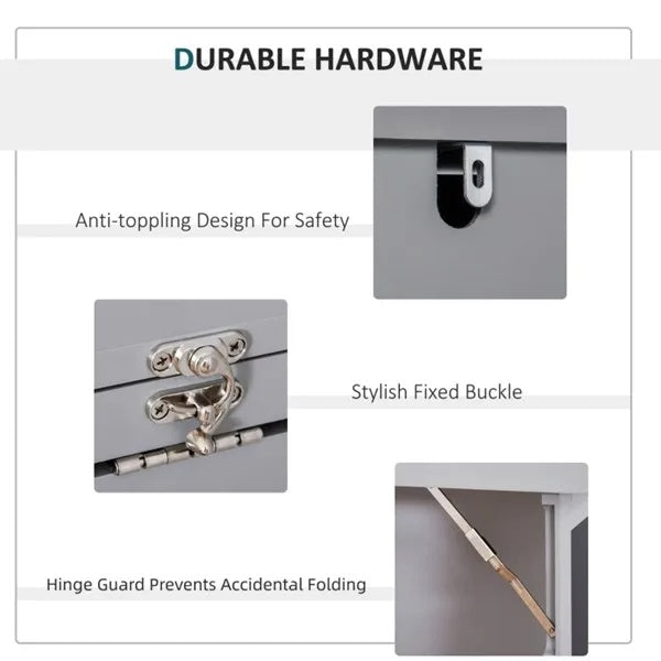 Close-up of the grey wall mount desk cabinet's durable hardware, including a buckle and hinge guard.