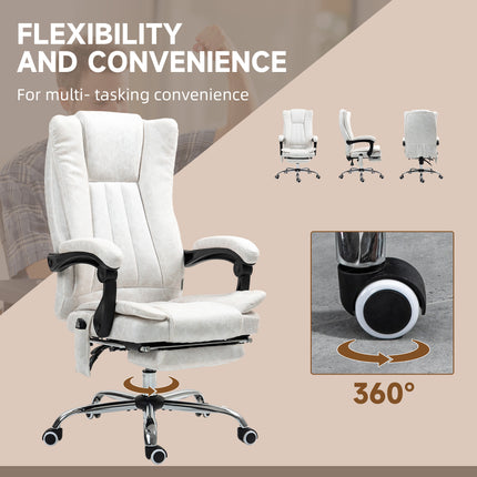White massage office chair with a footrest, 360-degree swivel, and rolling casters.