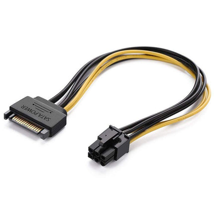 A black and yellow SATA power to 6-pin PCIe adapter cable.