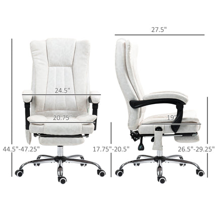A white office chair with a footrest is shown from the front and side with dimensions.