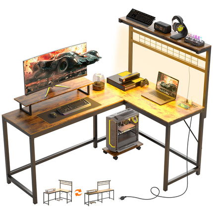 L Shaped Gaming Desk With Power Outlets & LED Lights