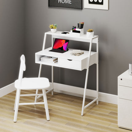 A white home office desk with shelves and a drawer, paired with a white chair.