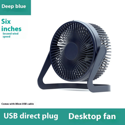 A deep blue, six-inch USB desktop fan with two wind speeds.