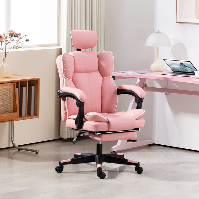 Pink PU leather office chair with headrest, footrest, and swivel wheels.