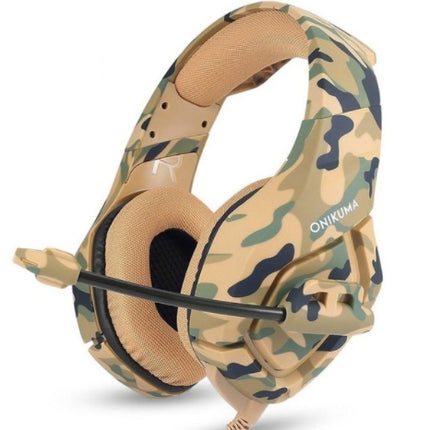 Camo gaming headset with a microphone and tan earcups.