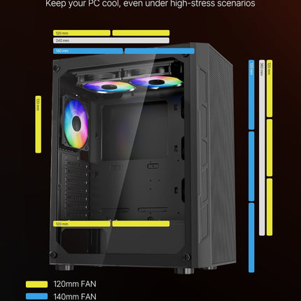 Mid-Tower PC Gaming Case + 3 X 120 Mm ARGB Fans - For ATX Motherboard