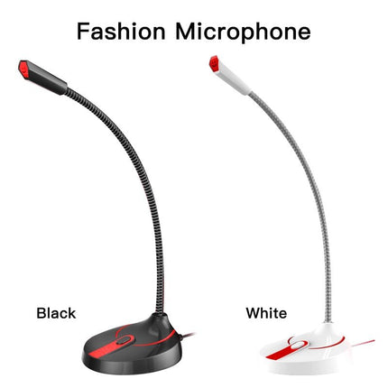 Two desktop computer microphones, one black and one white, with flexible gooseneck stands.
