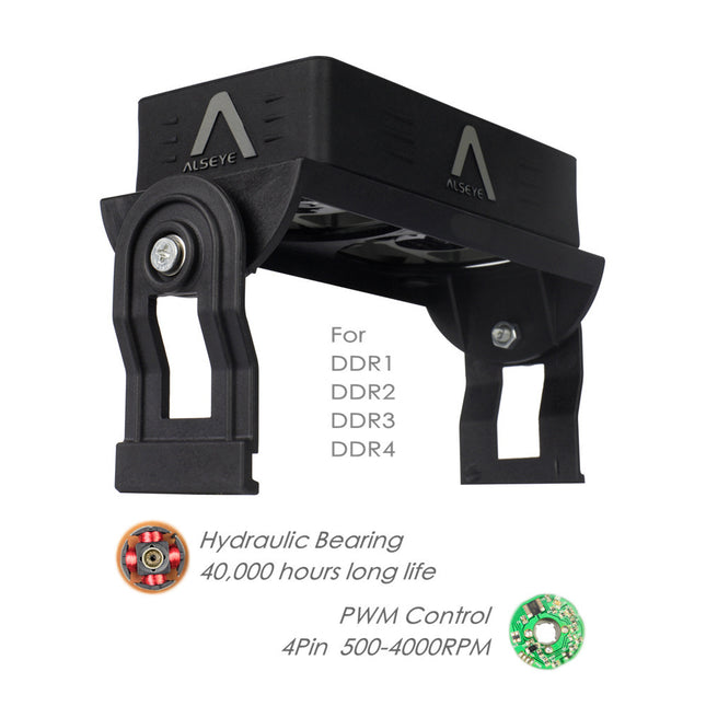 Black memory cooler with adjustable brackets, compatible with DDR1-DDR4, featuring hydraulic bearing.