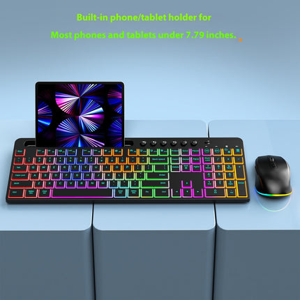 A black RGB wireless keyboard and mouse combo with a tablet in the keyboard's holder.