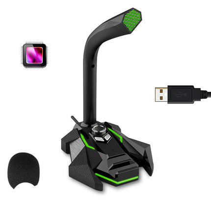 A black desktop microphone with green accents, a USB connector, and a foam cover.