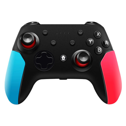 A black Switch Bluetooth gamepad with a blue left grip and a red right grip.