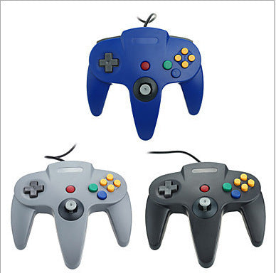 Three N64 controllers are shown in blue, grey, and black.