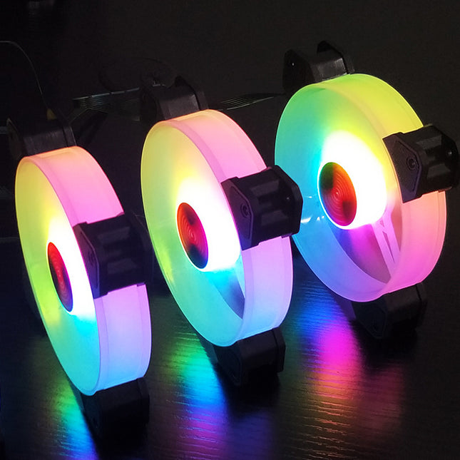 Three colorful, glowing CPU cooling fans are displayed on a dark surface.