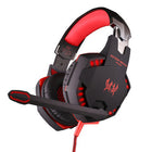 Black and red gaming headphones with a microphone and glowing red accents.