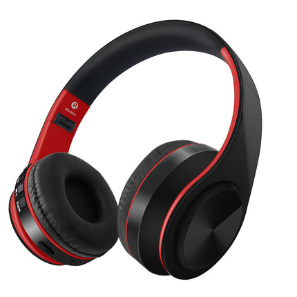 Black and red wireless over-ear headphones with controls on the left earcup.