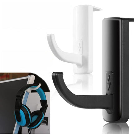 White and black gaming headset hooks are shown, with one holding blue headphones.