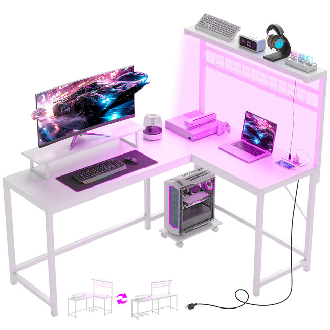 L Shaped Gaming Desk With Power Outlets & LED Lights