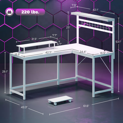L Shaped Gaming Desk With Power Outlets & LED Lights