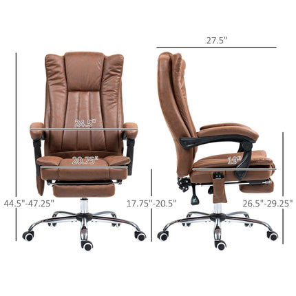 Brown massage office chair with footrest shown from front and side with dimensions.