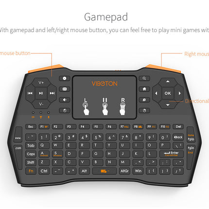Black wireless mini keyboard with a touchpad, directional gamepad, and mouse buttons.