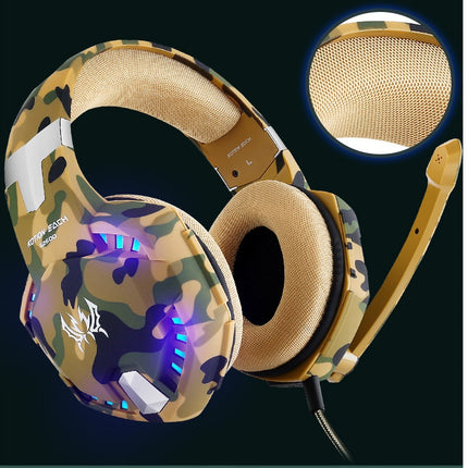 Camouflage gaming headset with blue LED lights and a flexible microphone.