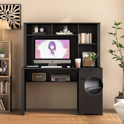 Computer Desk With Hutch & Bookshelf, Charging Plugs/Ports