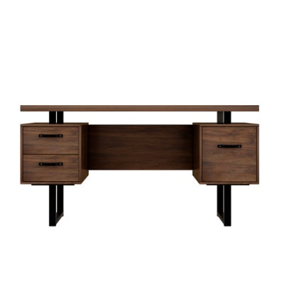 Brown wood and black metal office desk with two drawers on the left and one on the right.