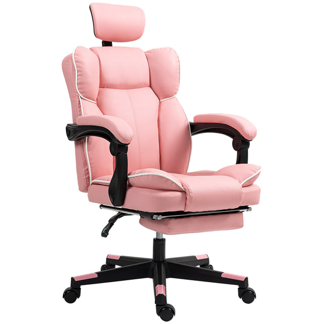 A pink PU leather office chair with a headrest, footrest, and swivel wheels.