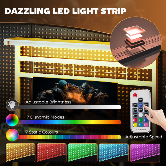 An L-shaped gaming desk with LED lights, a remote, and various color options.