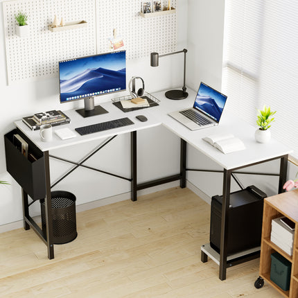 An L-shaped computer desk with a white top and black metal frame.