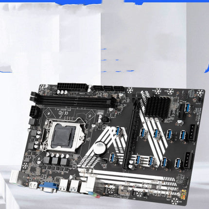 A black mining motherboard with multiple USB ports and a CPU socket.