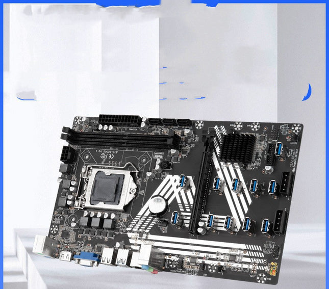 A black mining motherboard with multiple USB ports and a CPU socket.