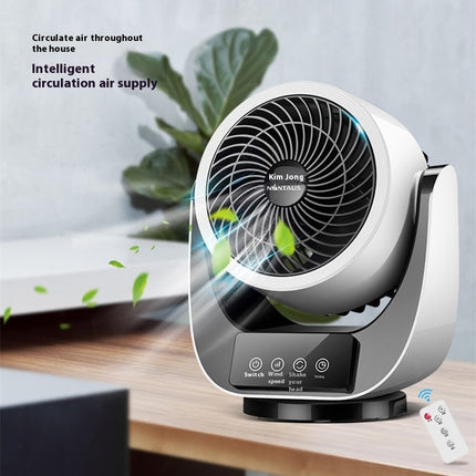 A white and gray desk fan with a remote control sits on a wooden surface.