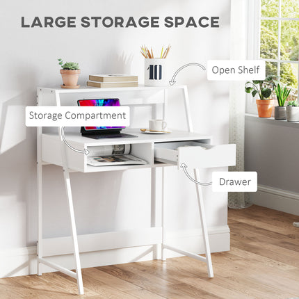 White home office desk with open shelf, storage compartment, and drawer.