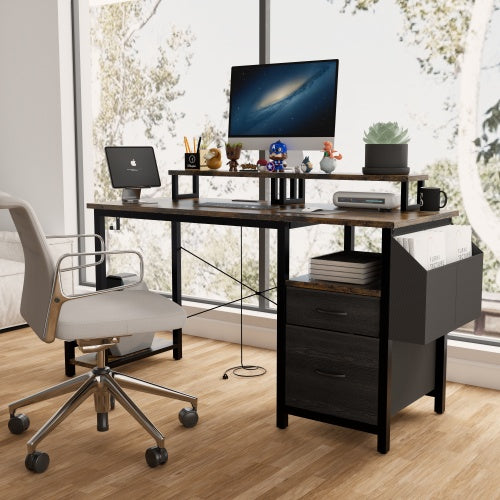 A rustic brown computer desk with two monitor stands, drawers, and a side file cabinet.