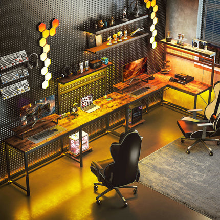 L Shaped Gaming Desk With Power Outlets & LED Lights