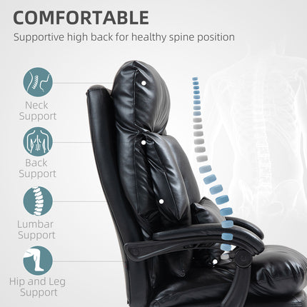 Black overstuffed office chair with diagrams showing neck, back, lumbar, and hip support.