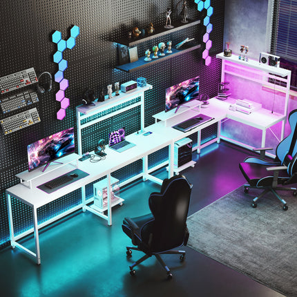 L Shaped Gaming Desk With Power Outlets & LED Lights