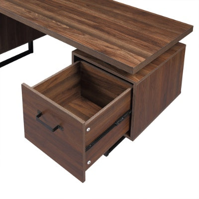 Brown home office computer desk with an open drawer.