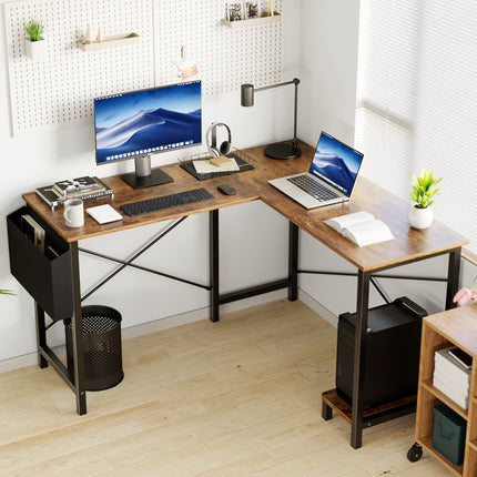 An L-shaped computer desk with a rustic wood top and black metal frame.