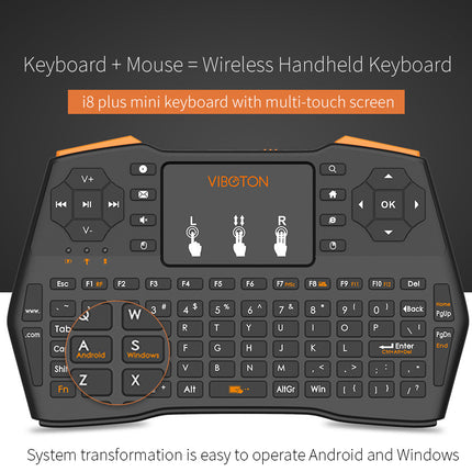 Black wireless mini keyboard with multi-touch screen and Android/Windows system transformation.