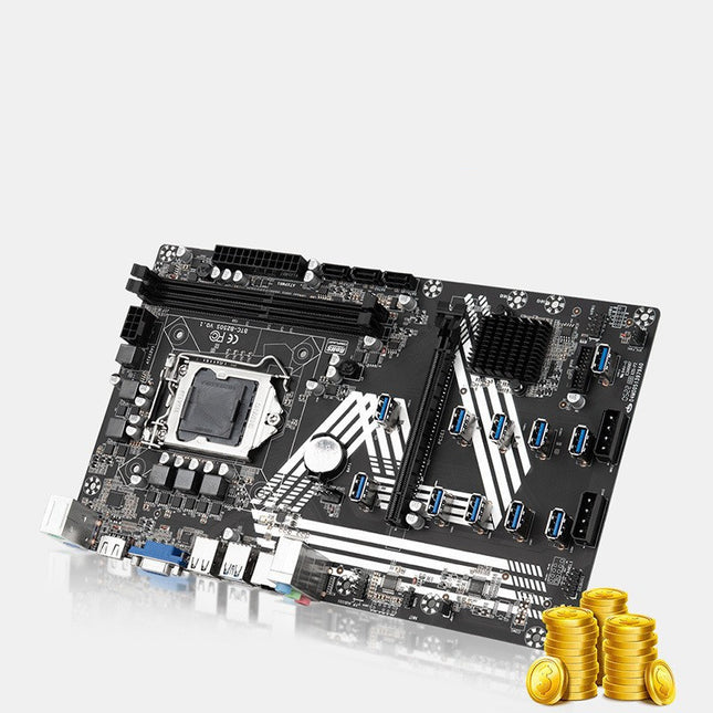 A black professional mining motherboard with gold coins in the foreground.