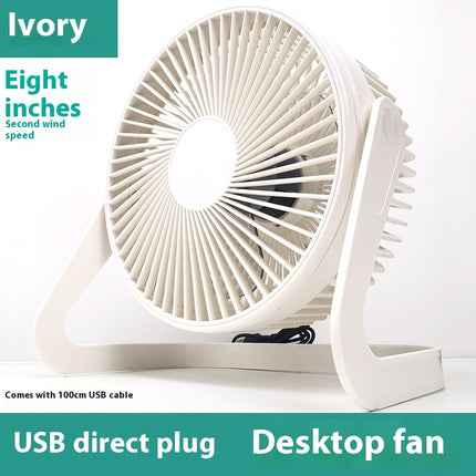 An ivory eight-inch USB desktop fan with a two-speed setting.