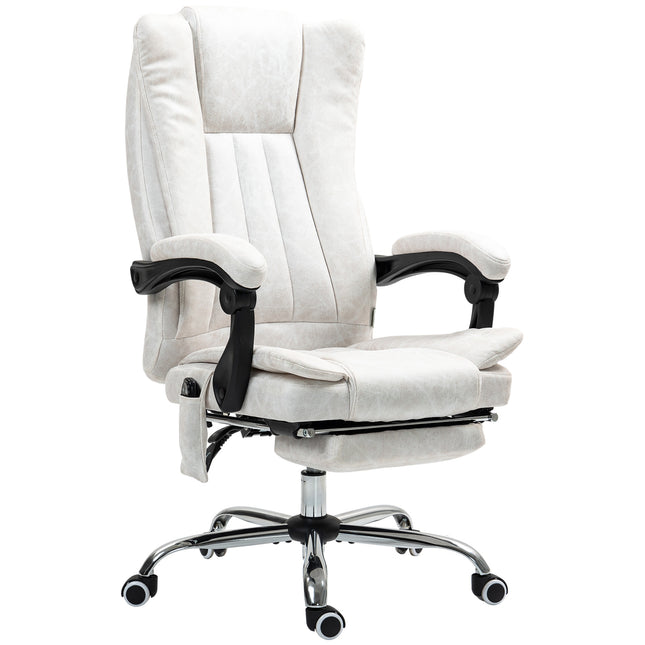 A white massage office chair with a footrest, adjustable height, and chrome base.