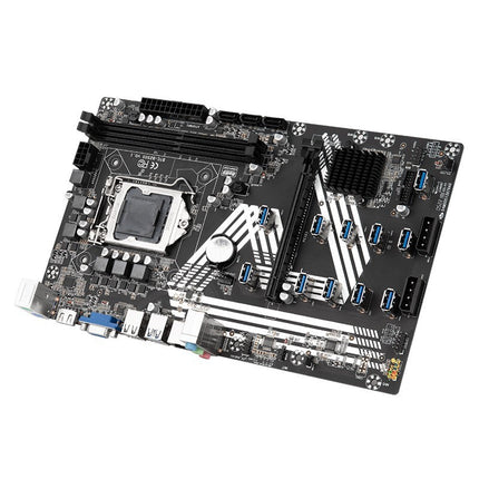 A black professional mining motherboard with multiple USB ports and a CPU socket.