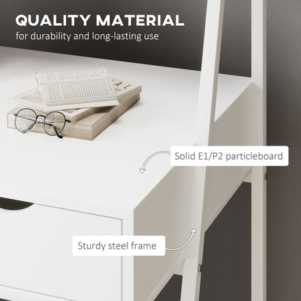 White home office desk with a drawer, storage shelves, solid particleboard, and steel frame.