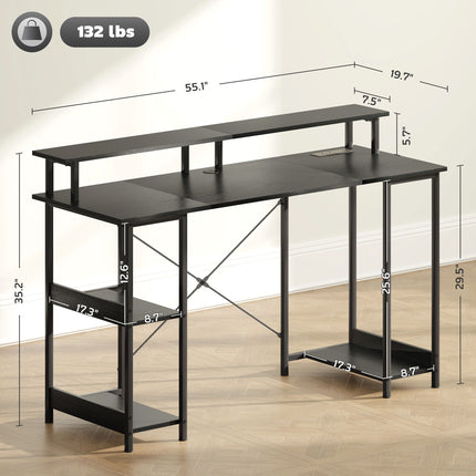 A distressed black computer desk with a monitor stand, side shelves, and power outlets.